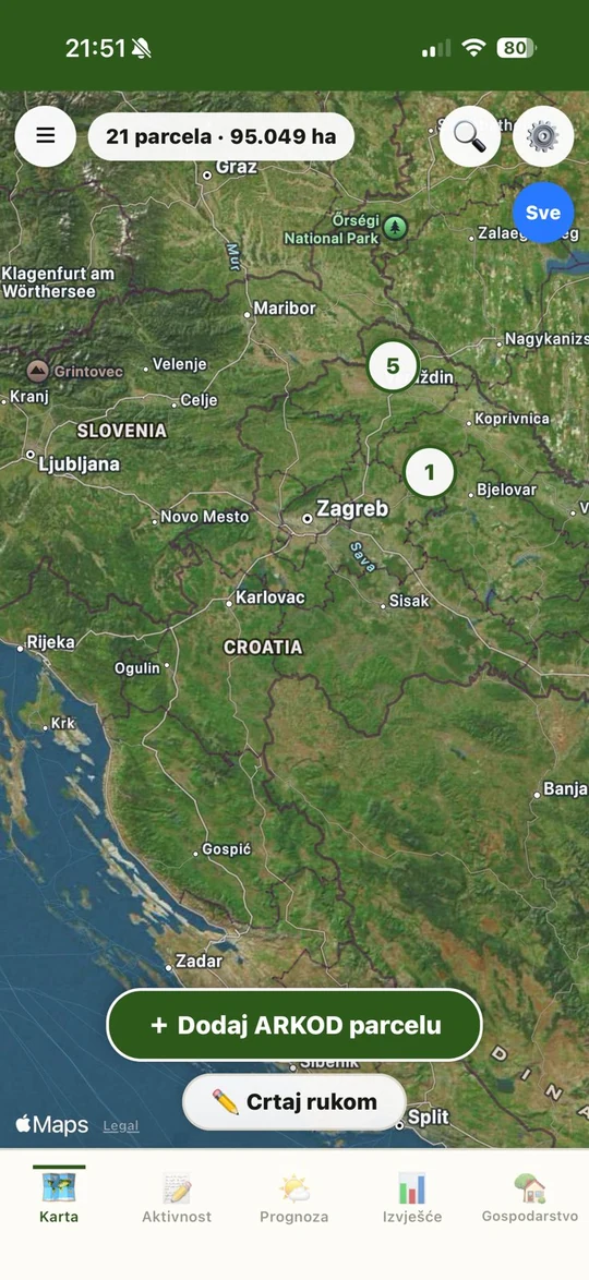 Karta parcela u Motiki na mobitelu: 21 parcela i 95 ha na satelitskoj snimci.