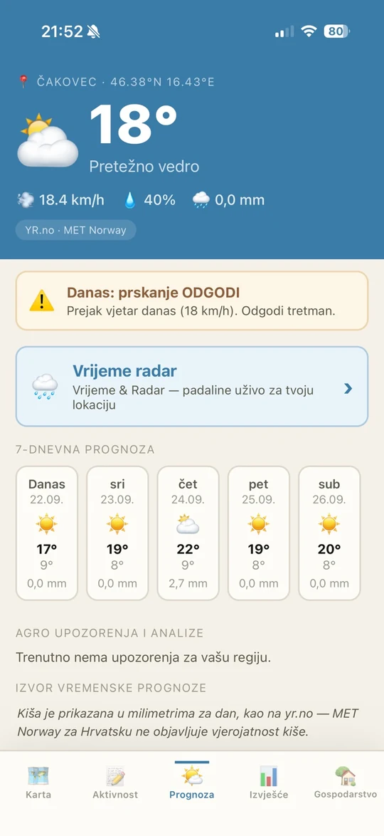 Prognoza u Motiki: upozorenje da je vjetar prejak za prskanje, uz sedmodnevnu prognozu.